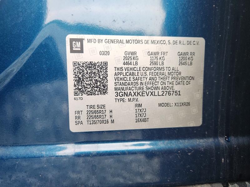 61953516 :رقم المزاد ، 3GNAXKEVXLL276751 vin ، 2020 Chevrolet Equinox مزاد بيع