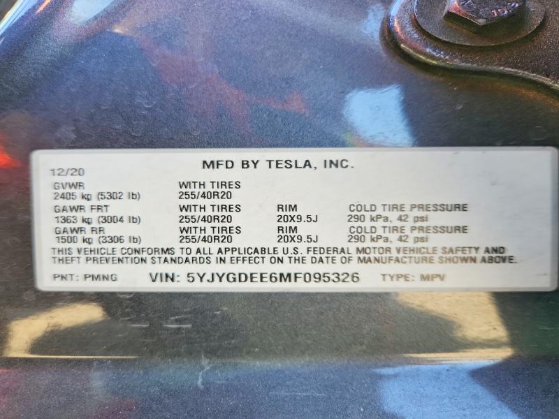 2021 Tesla Model Y მანქანა იყიდება აუქციონზე, vin: 5YJYGDEE6MF095326, აუქციონის ნომერი: 61350256