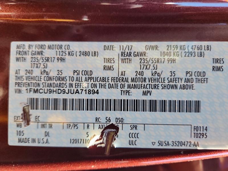 2018 Ford Escape მანქანა იყიდება აუქციონზე, vin: 1FMCU9HD9JUA71894, აუქციონის ნომერი: 60600756