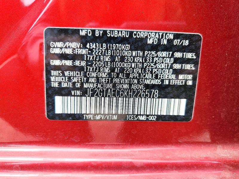 Aukcja sprzedaży 2019 Subaru Crosstrek, vin: JF2GTAEC6KH226578, numer aukcji: 61196466
