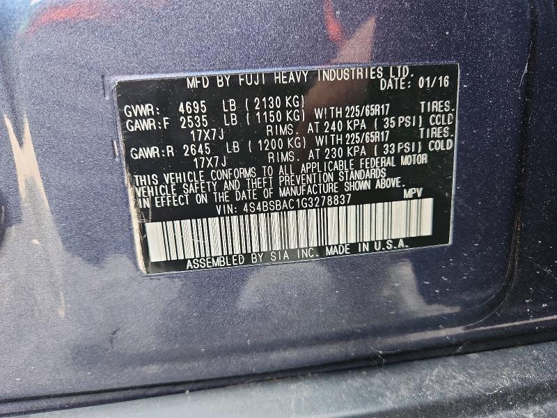 Aukcja sprzedaży 2016 Subaru Outback, vin: 4S4BSBAC1G3278837, numer aukcji: 60557876