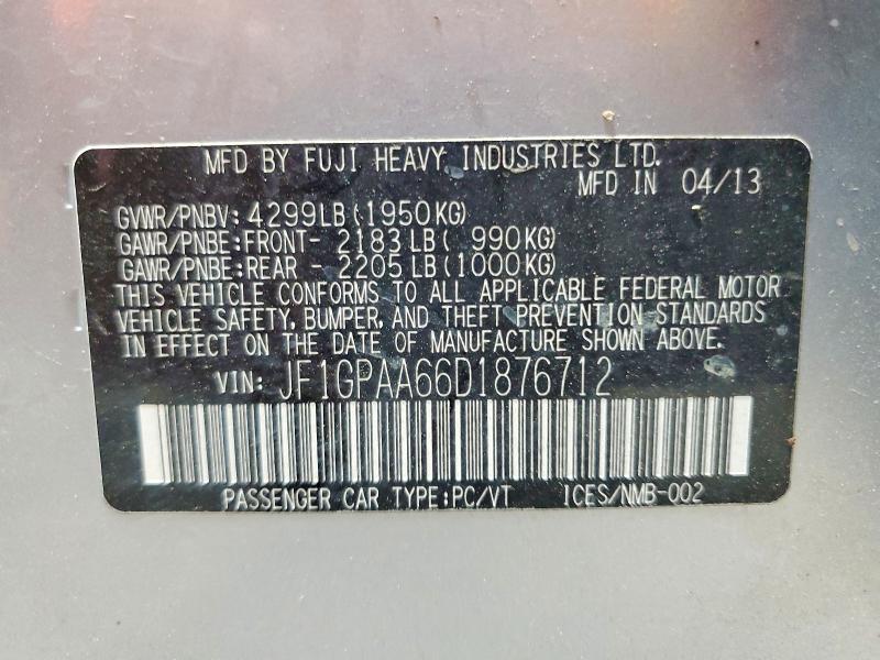2013 Subaru Impreza მანქანა იყიდება აუქციონზე, vin: JF1GPAA66D1876712, აუქციონის ნომერი: 61470676