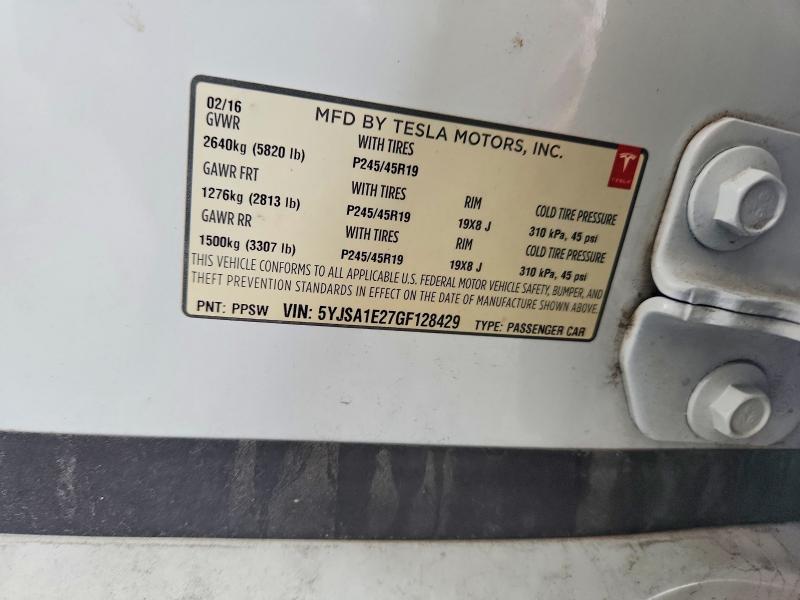 Продаж на аукціоні авто 2016 Tesla Model S, vin: 5YJSA1E27GF128429, номер лоту: 62971986
