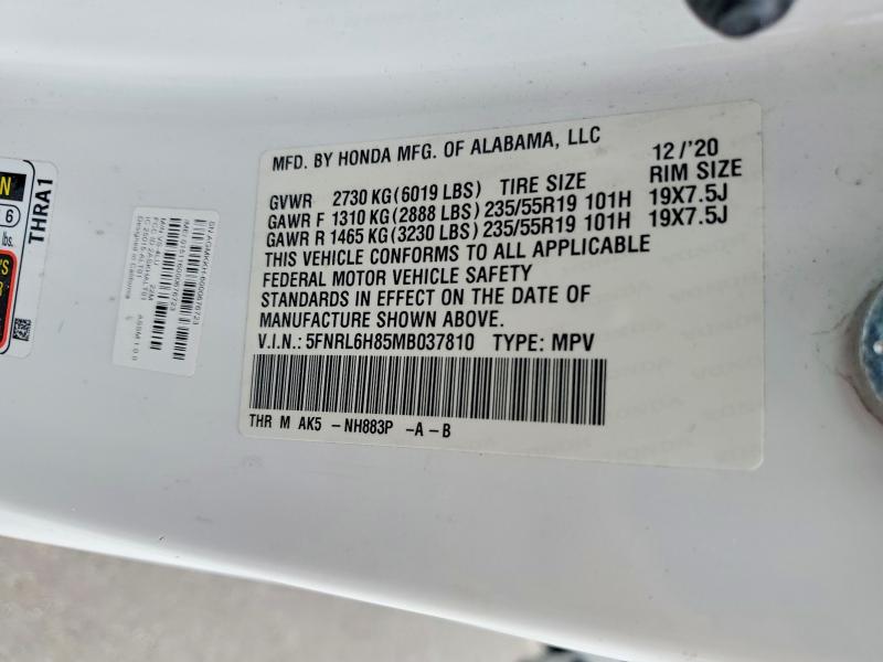 Aukcja sprzedaży 2021 Honda Odyssey, vin: 5FNRL6H85MB037810, numer aukcji: 60813526