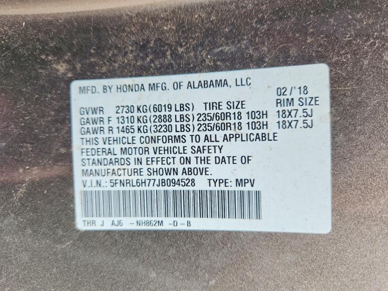 60119926 :رقم المزاد ، 5FNRL6H77JB094528 vin ، 2018 Honda Odyssey مزاد بيع