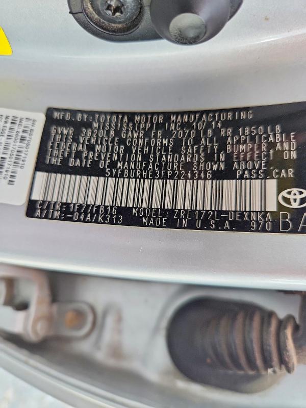 2015 Toyota Corolla მანქანა იყიდება აუქციონზე, vin: 5YFBURHE3FP224346, აუქციონის ნომერი: 60433556