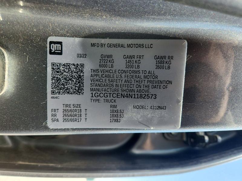 Aukcja sprzedaży 2022 Chevrolet Colorado, vin: 1GCGTCEN4N1182573, numer aukcji: 62222776