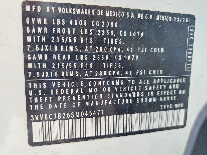 61522506 :رقم المزاد ، 3VV8C7B26SM045477 vin ، 2025 Volkswagen Taos مزاد بيع