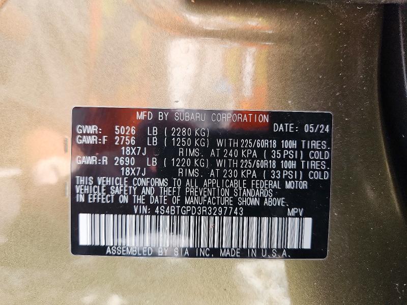 Aukcja sprzedaży 2024 Subaru Outback, vin: 4S4BTGPD3R3297743, numer aukcji: 61487446