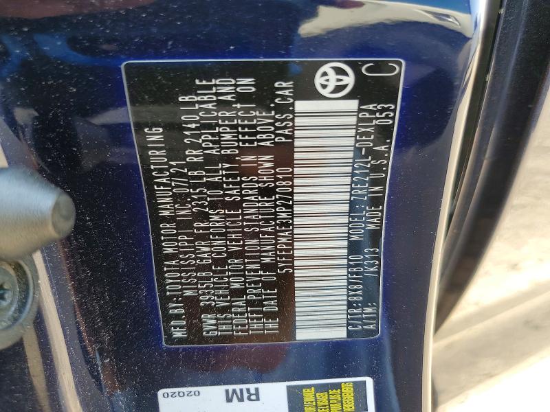 2021 Toyota Corolla მანქანა იყიდება აუქციონზე, vin: 5YFEPMAE3MP270810, აუქციონის ნომერი: 61622976