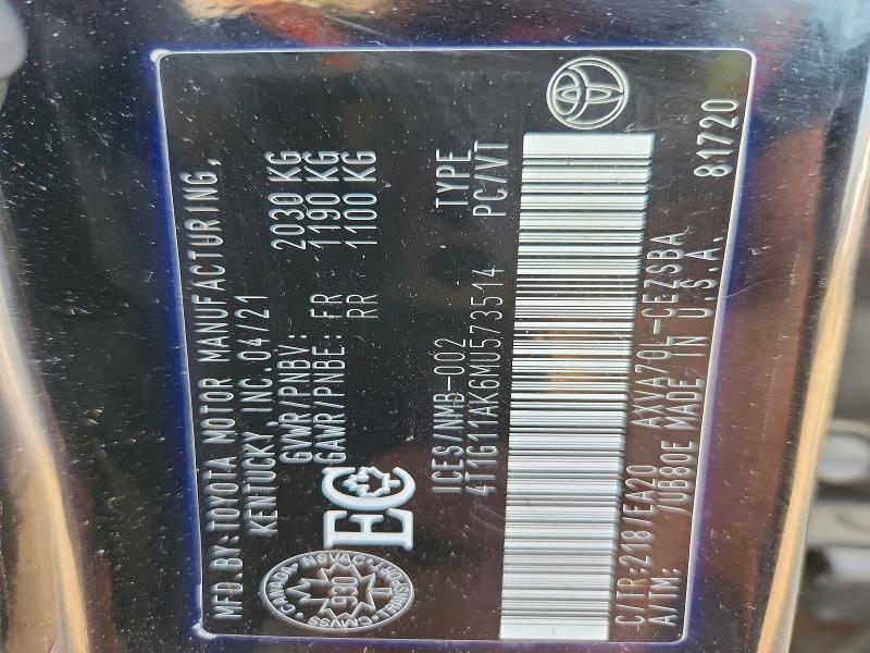 Продаж на аукціоні авто 2021 Toyota Camry, vin: 4T1G11AK6MU573514, номер лоту: 59402116