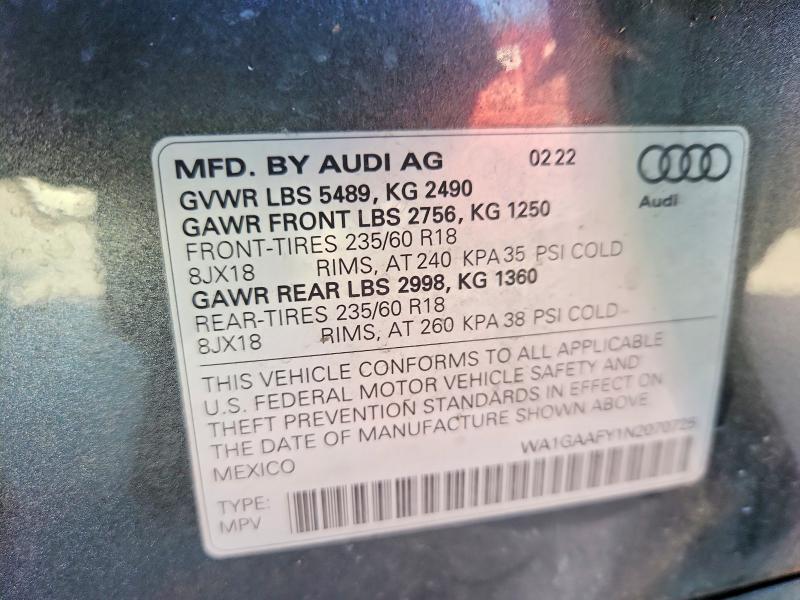 Aukcja sprzedaży 2022 Audi Q5, vin: WA1GAAFY1N2070725, numer aukcji: 58451906