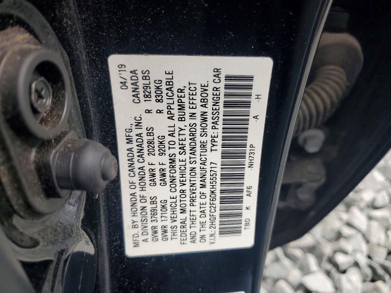 Продаж на аукціоні авто 2019 Honda Civic, vin: 2HGFC2F60KH555717, номер лоту: 59701726