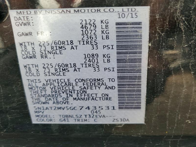 61104536 :رقم المزاد ، 5N1AT2MV5GC743531 vin ، 2016 Nissan Rogue مزاد بيع