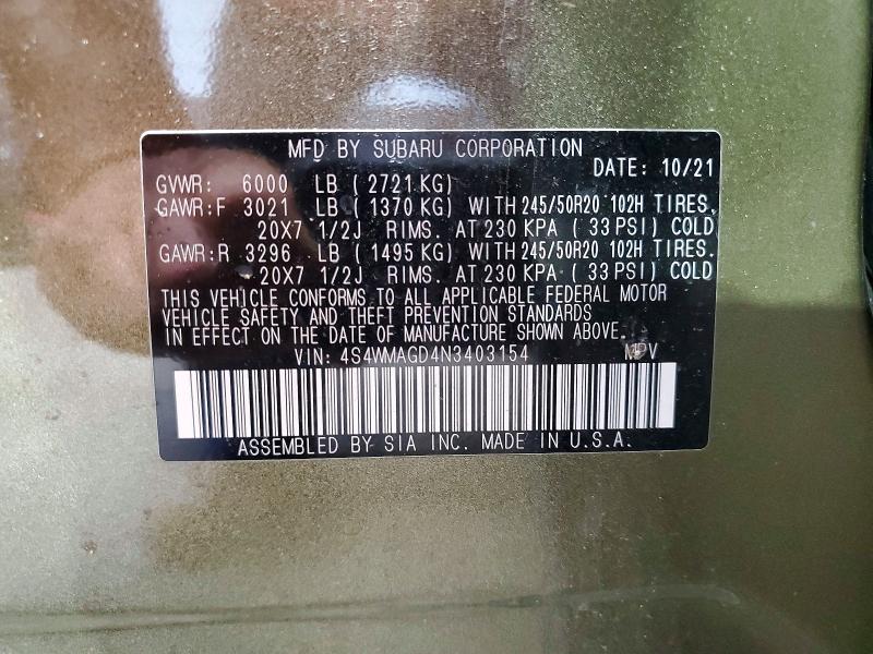 Продаж на аукціоні авто 2022 Subaru Ascent, vin: 4S4WMAGD4N3403154, номер лоту: 61590986