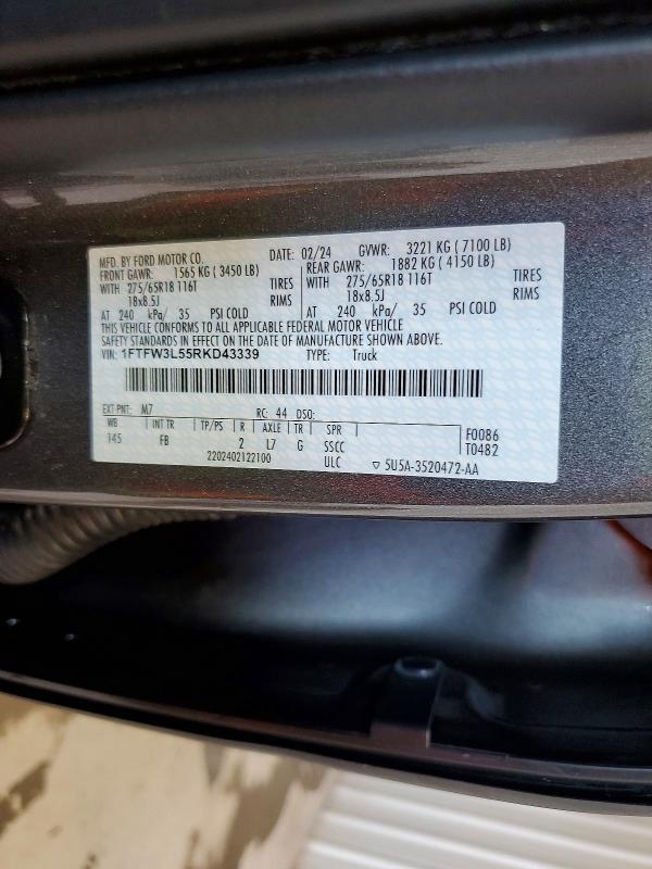62501116 :رقم المزاد ، 1FTFW3L55RKD43339 vin ، 2024 Ford F150 مزاد بيع