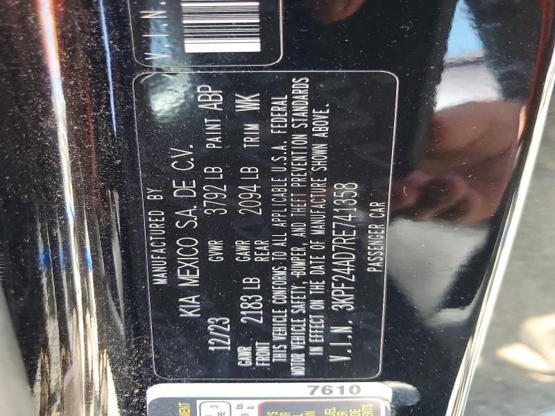 2024 Kia Forte მანქანა იყიდება აუქციონზე, vin: 3KPF24AD7RE741358, აუქციონის ნომერი: 59795956