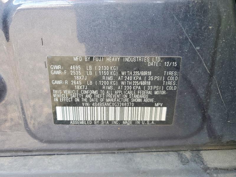 Aukcja sprzedaży 2016 Subaru Outback, vin: 4S4BSANC0G3268370, numer aukcji: 62503656