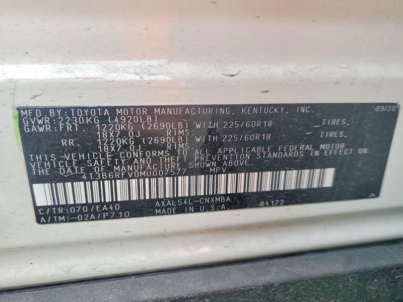 Aukcja sprzedaży 2021 Toyota Rav4 Hybrid, vin: 4T3B6RFV0MU007577, numer aukcji: 61940176