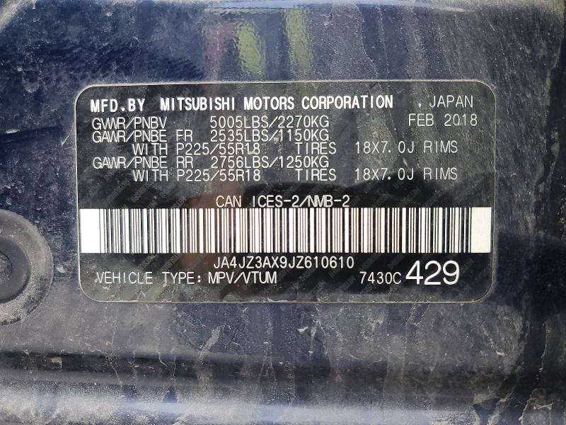 Продаж на аукціоні авто 2018 Mitsubishi Outlander, vin: JA4JZ3AX9JZ610610, номер лоту: 59309006