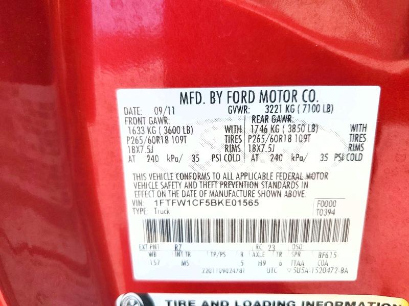 62704656 :رقم المزاد ، 1FTFW1CF5BKE01565 vin ، 2011 Ford F150 مزاد بيع