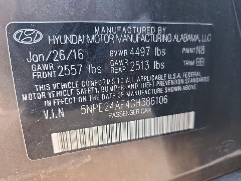 58490066 :رقم المزاد ، 5NPE24AF4GH386106 vin ، 2016 Hyundai Sonata مزاد بيع