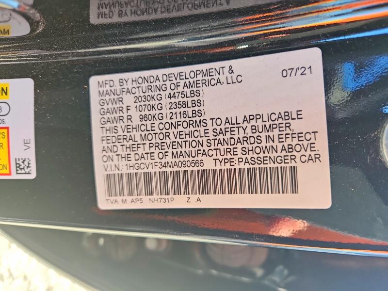 2021 Honda Accord მანქანა იყიდება აუქციონზე, vin: 1HGCV1F34MA090566, აუქციონის ნომერი: 60652566