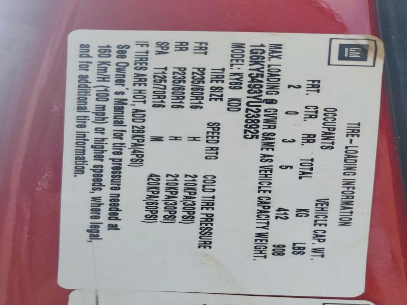 62570336 :رقم المزاد ، 1G6KY5493YU238925 vin ، 2000 Cadillac Seville مزاد بيع