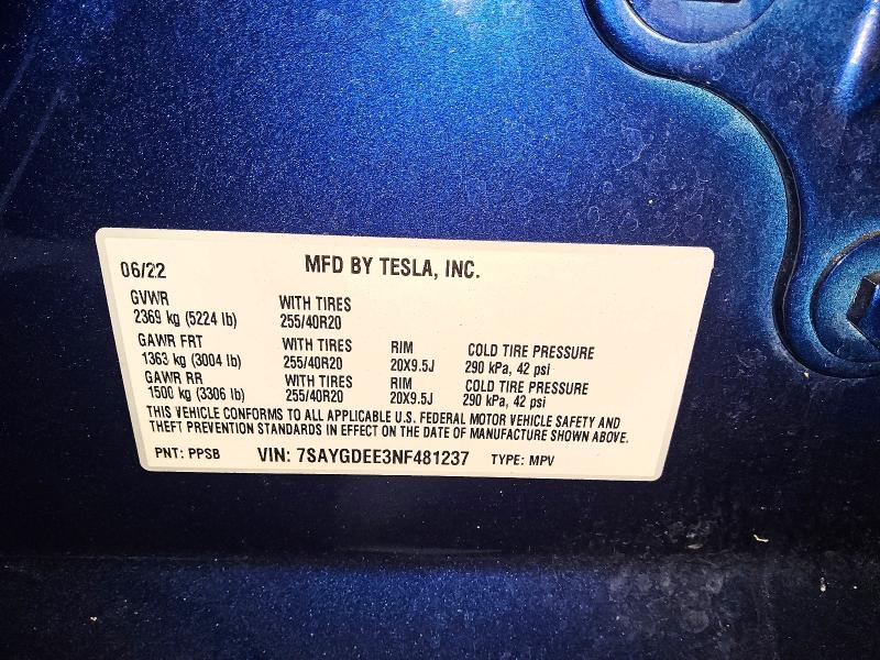 60645306 :رقم المزاد ، 7SAYGDEE3NF481237 vin ، 2022 Tesla Model Y مزاد بيع