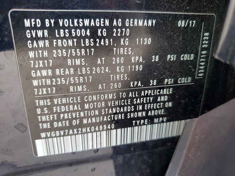 2017 Volkswagen Tiguan მანქანა იყიდება აუქციონზე, vin: WVGBV7AX2HK049940, აუქციონის ნომერი: 60856326