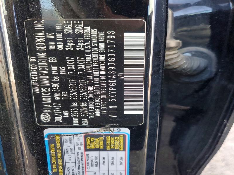 62999206 :رقم المزاد ، 5XYPGDA39JG371793 vin ، 2018 Kia Sorento مزاد بيع