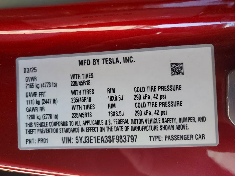 Aukcja sprzedaży 2025 Tesla Model 3, vin: 5YJ3E1EA3SF983797, numer aukcji: 63335926