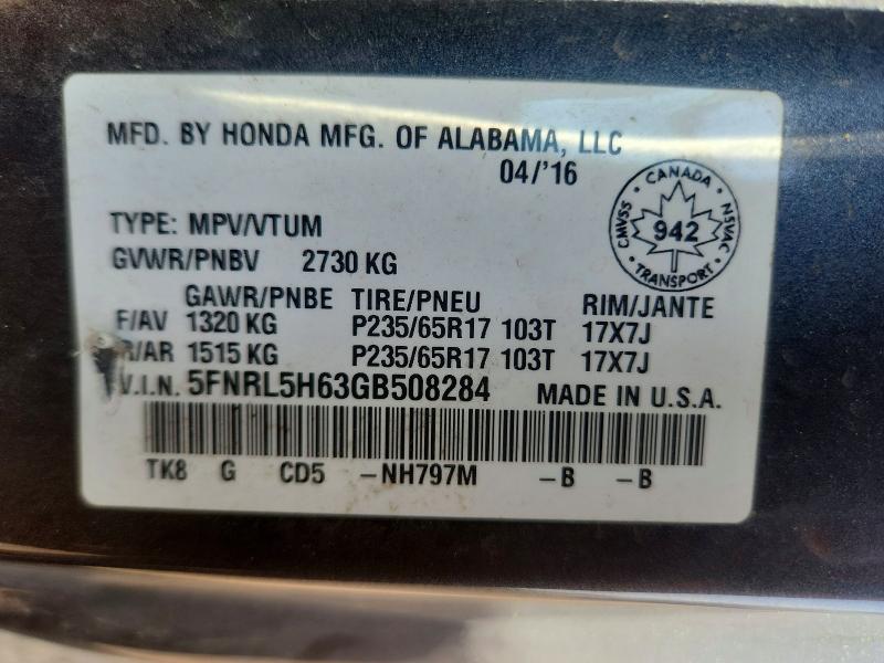 Aukcja sprzedaży 2016 Honda Odyssey, vin: 5FNRL5H63GB508284, numer aukcji: 61285326