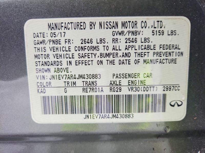 2018 Infiniti Q50 მანქანა იყიდება აუქციონზე, vin: JN1EV7AR4JM430883, აუქციონის ნომერი: 63137216