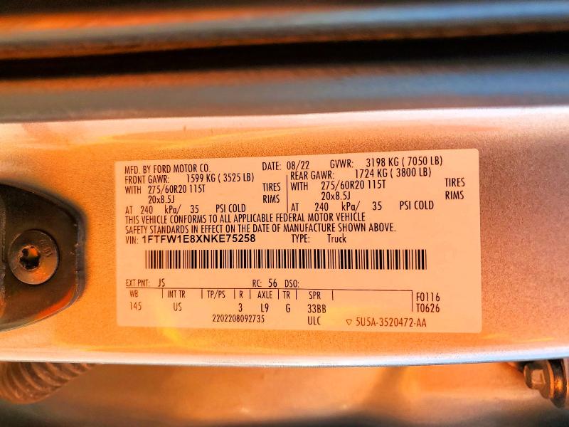 2022 Ford F150 მანქანა იყიდება აუქციონზე, vin: 1FTFW1E8XNKE75258, აუქციონის ნომერი: 60572206