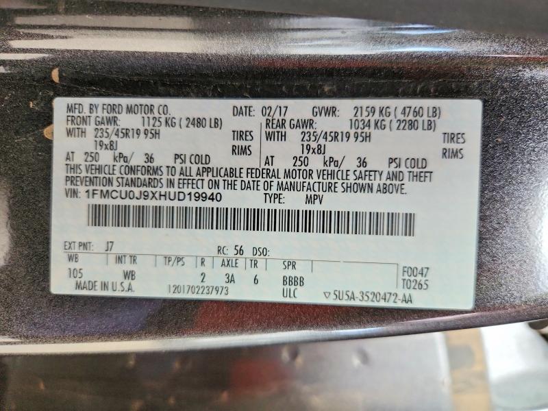2017 Ford Escape მანქანა იყიდება აუქციონზე, vin: 1FMCU0J9XHUD19940, აუქციონის ნომერი: 61018536