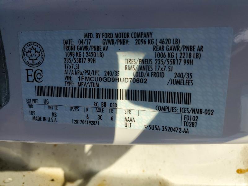 61301036 :رقم المزاد ، 1FMCU0GD9HUD70602 vin ، 2017 Ford Escape مزاد بيع