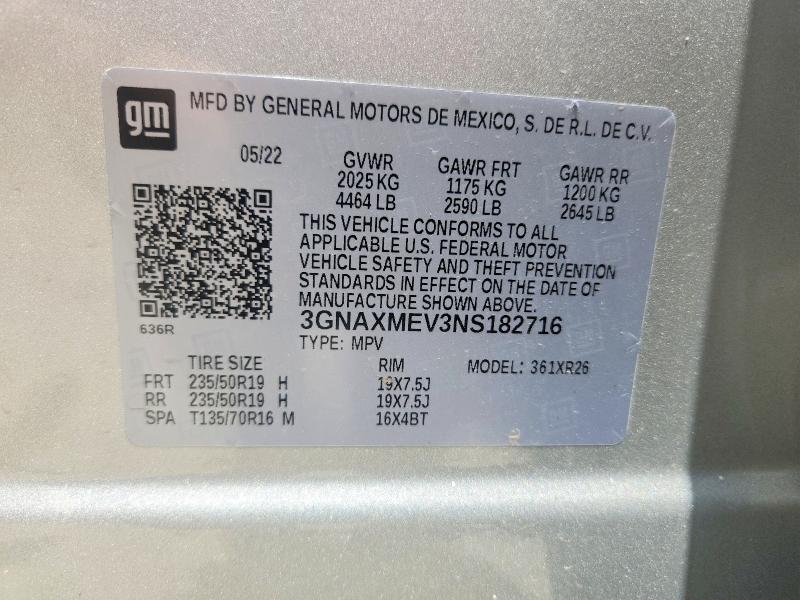 Aukcja sprzedaży 2022 Chevrolet Equinox, vin: 3GNAXMEV3NS182716, numer aukcji: 60658796