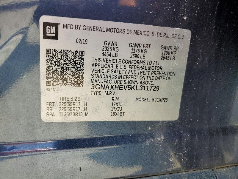 Auction sale of the 2019 Chevrolet Equinox, vin: 3GNAXHEV5KL311729, lot number: 62287806
