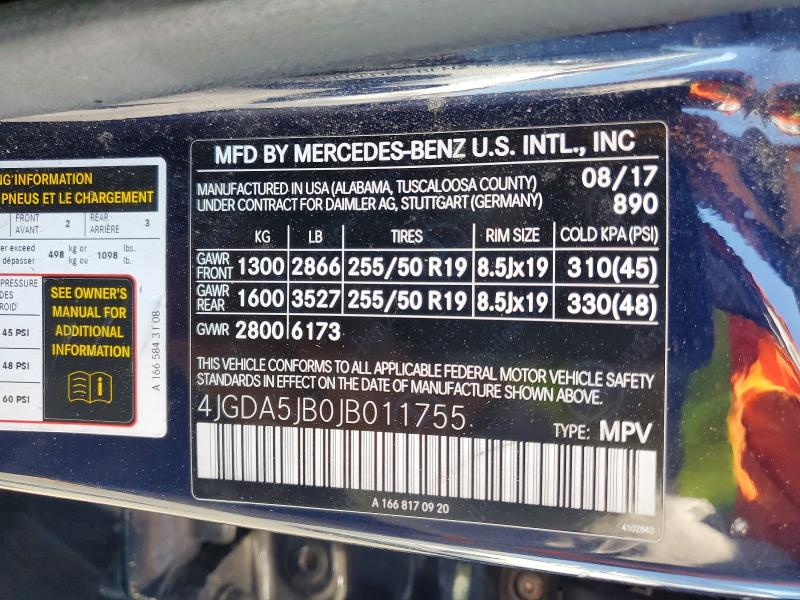 2018 Mercedes-benz Gle მანქანა იყიდება აუქციონზე, vin: 4JGDA5JB0JB011755, აუქციონის ნომერი: 62101456