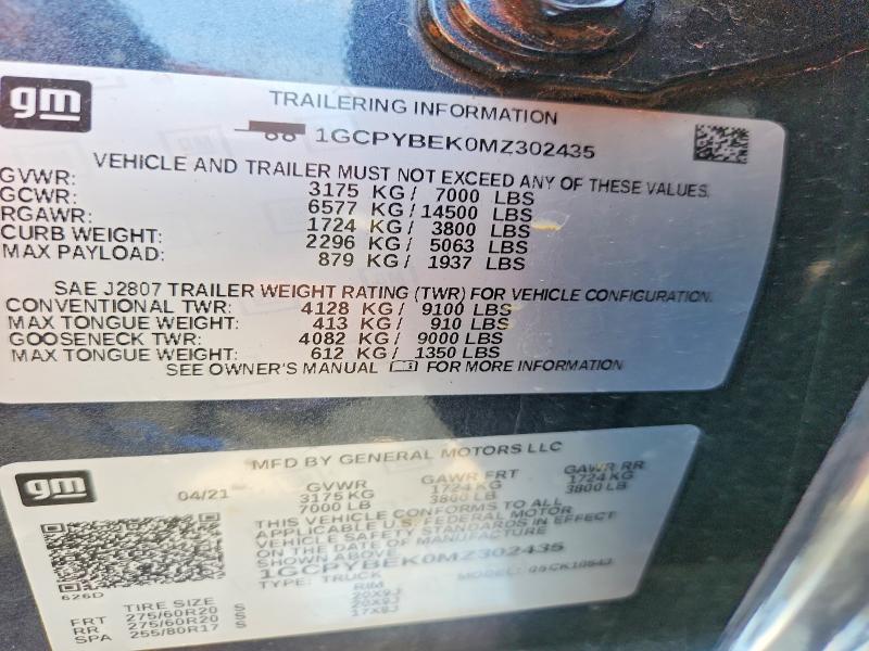 58761966 :رقم المزاد ، 1GCPYBEK0MZ302435 vin ، 2021 Chevrolet Silverado مزاد بيع