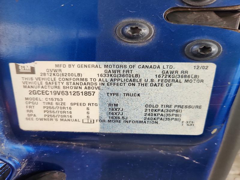 2003 Chevrolet Silverado მანქანა იყიდება აუქციონზე, vin: 2GCEC19V631251857, აუქციონის ნომერი: 61920416