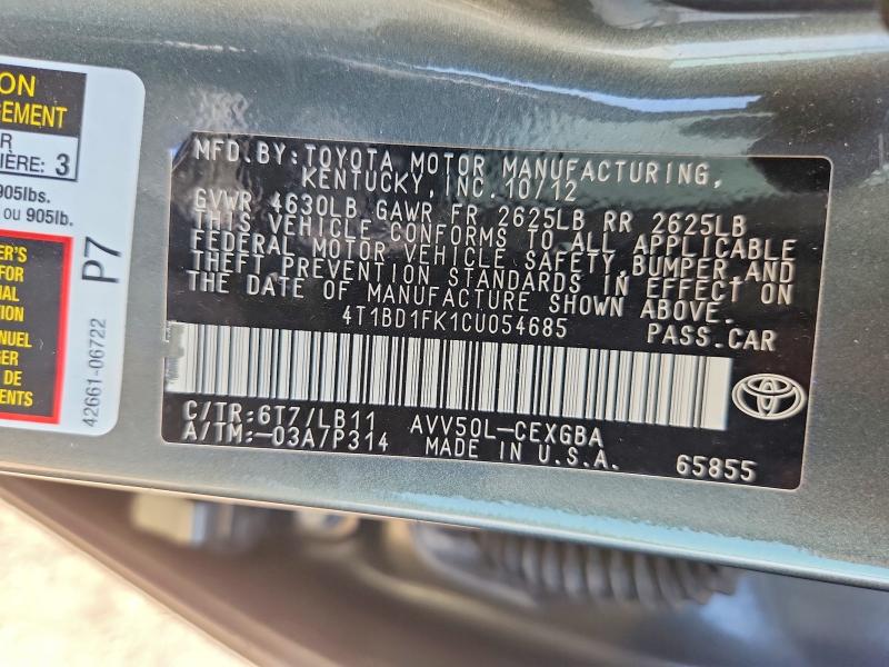 Продаж на аукціоні авто 2012 Toyota Camry Hybrid, vin: 4T1BD1FK1CU054685, номер лоту: 62874956