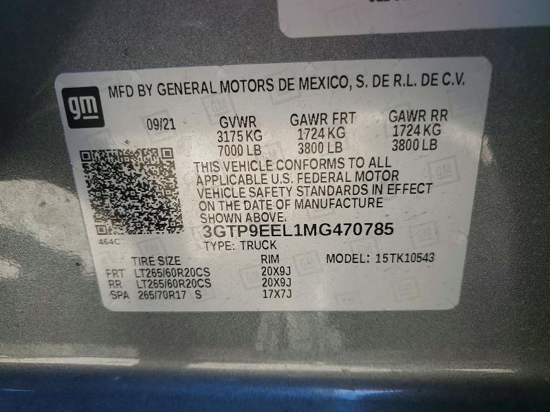 Aukcja sprzedaży 2021 Gmc Sierra, vin: 3GTP9EEL1MG470785, numer aukcji: 61512416