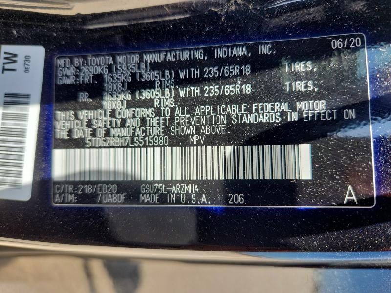 63450926 :رقم المزاد ، 5TDGZRBH7LS515980 vin ، 2020 Toyota Highlander مزاد بيع