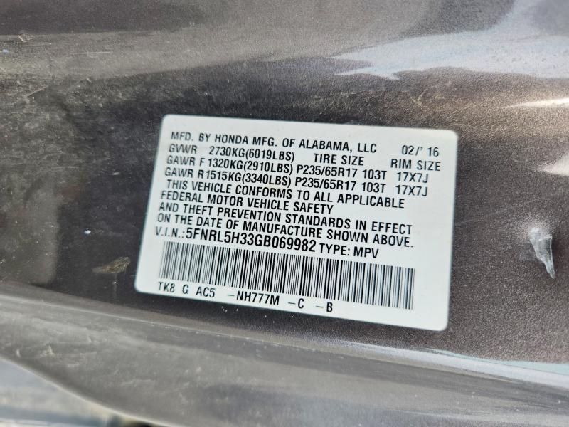 Aukcja sprzedaży 2016 Honda Odyssey, vin: 5FNRL5H33GB069982, numer aukcji: 62909556