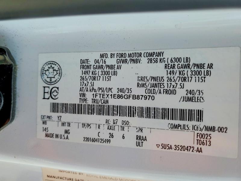 60861616 :رقم المزاد ، 1FTEX1E86GFB87970 vin ، 2016 Ford F150 مزاد بيع