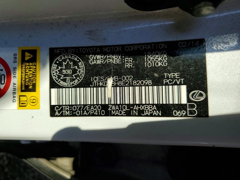 Продажа на аукционе авто 2014 Lexus Ct, vin: JTHKD5BH8E2182098, номер лота: 60117206