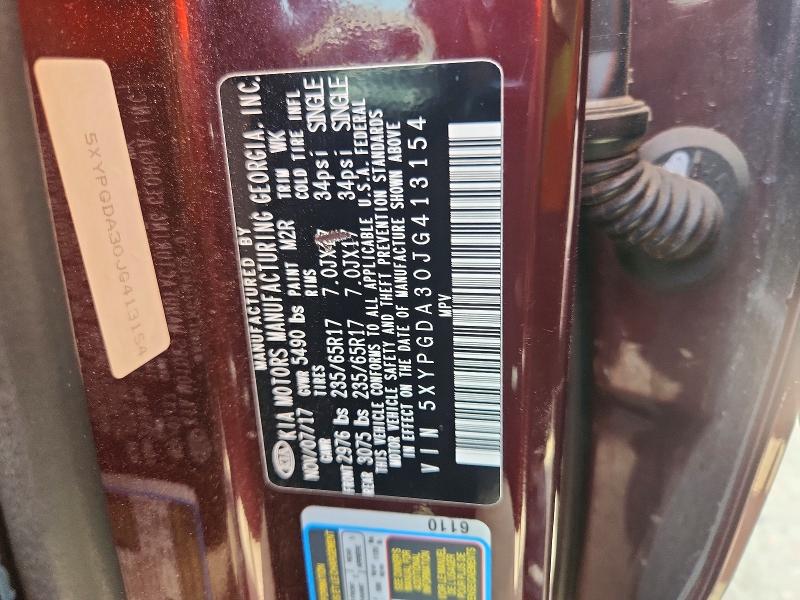 60510156 :رقم المزاد ، 5XYPGDA30JG413154 vin ، 2018 Kia Sorento مزاد بيع