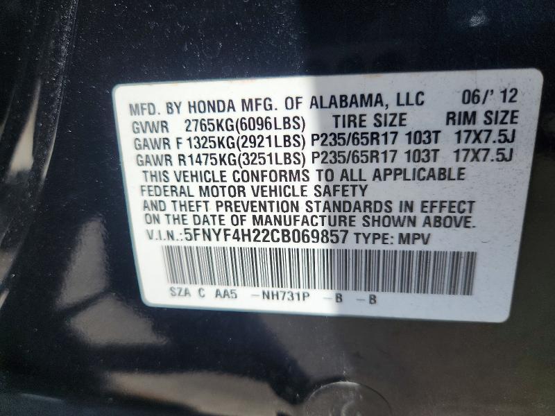 61569536 :رقم المزاد ، 5FNYF4H22CB069857 vin ، 2012 Honda Pilot مزاد بيع